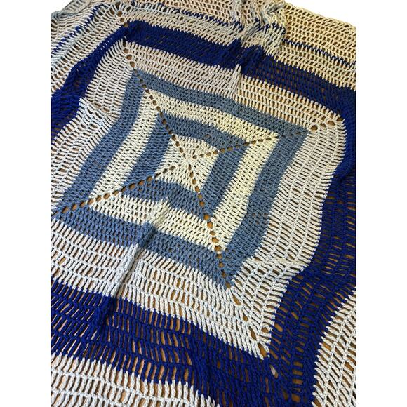 Vintage Handmade Crochet Afghan Blanket Large Blue Square Pattern Throw - Picture 2 of 2